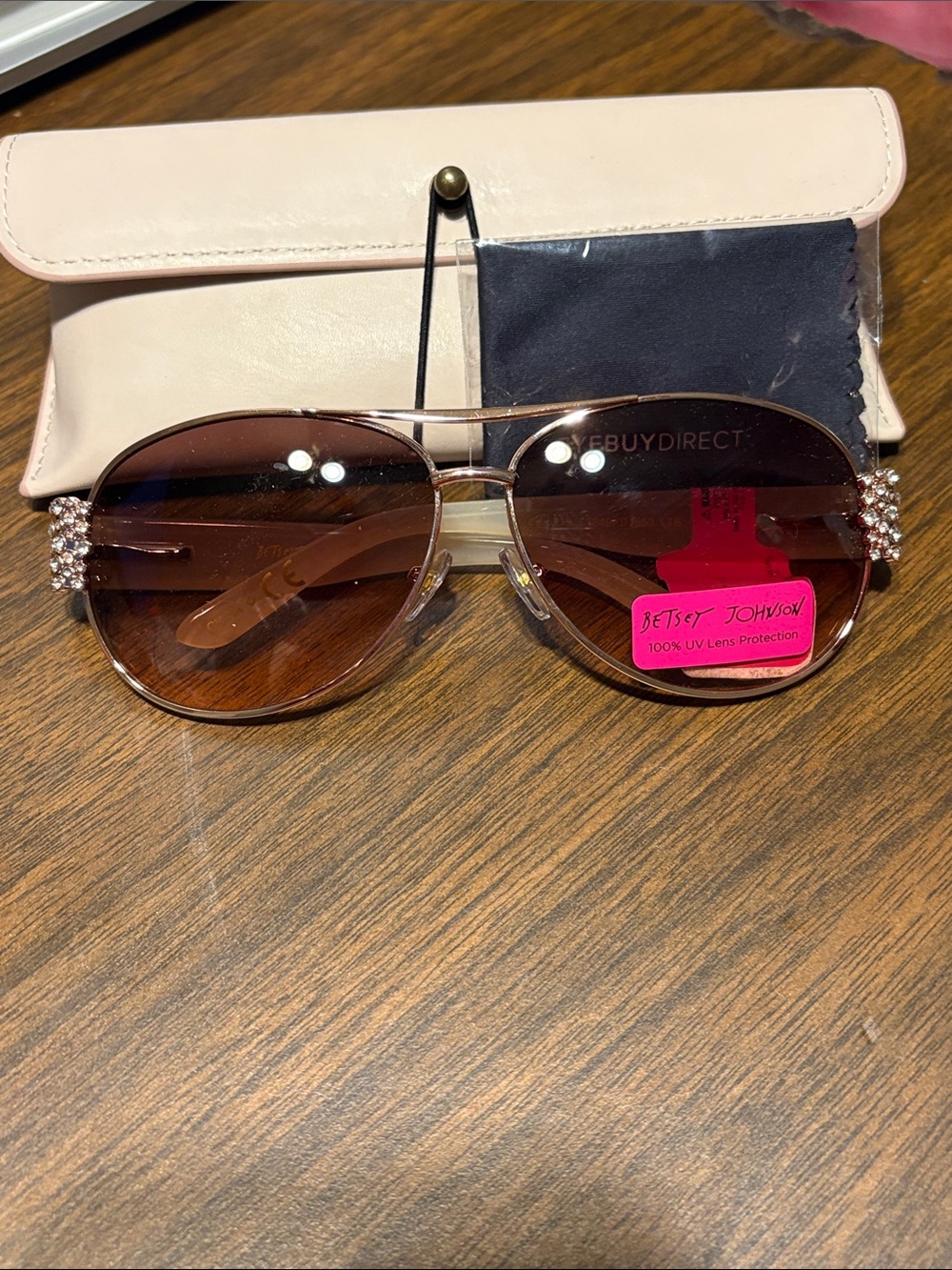 Betsey Johnson Brown Gradient Aviator Sunglasses with Crystal Temples